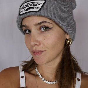 Vans Classic Gray Beanie plus black jeans plus white crop top